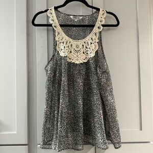 Tramp Gray Floral Sheer‎ Sleeveless Top with Ivory Crochet Detail, Size 2X